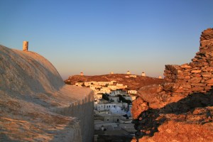 Church on the left, castle on the right, Chora and windmills on ridge beyond
