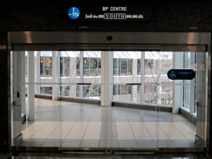 The 'airlock' doors to one of the sections of connecting corridor between the buildings