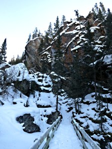 Crossing the timber bridge across the top of a waterfall  with a steep climb out to the left on the far side