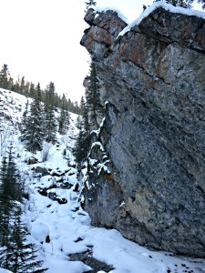 The beginning of the steep climb up into Sundance Canyon alongside the snow-covered stream