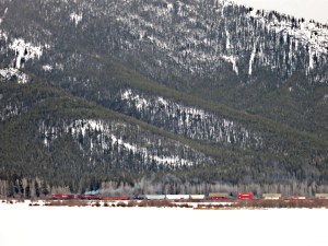 Train line on the opposite said of one of the Vermillion Lakes