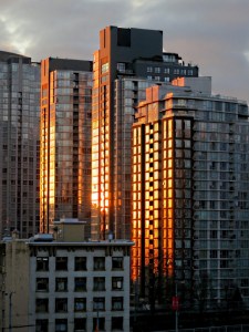 Tower blocks blazing gold in the early morning sun