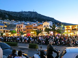 Carnival time in Pothia, looking up to the Exploding Mountain
