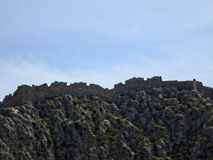 The ramparts of the Crusader castle on the top of the crag 