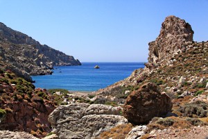 Rock sentinel on the final approach to Thollos Beach