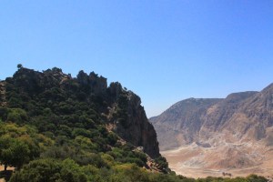 Looking back to the silhouetted pinnacles