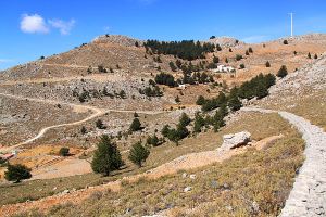 The long curve of the stone-embanked kalderimi, the wind turbine on top of Vigla on the right