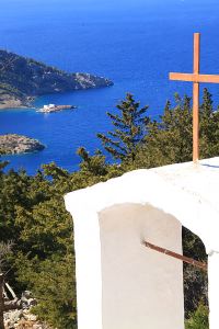 View from the monastery across Skoumisa Bay to Agios Emilianos