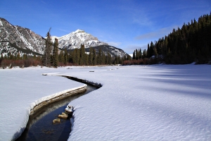 Standing on the ice in the middle of the river and looking downstream towards Cascade Mountain