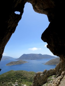 Inside the cave looking across to Telendos Island