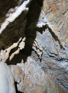 small stalactites and the beginnings of calcite curtains on the ceiling of the passage