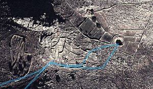 Satellite image of the old settlement at Gria, the pond on the right. The track of the route in blue