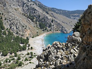 Looking down the crag to Lapathos Beach near Agios Vasilios