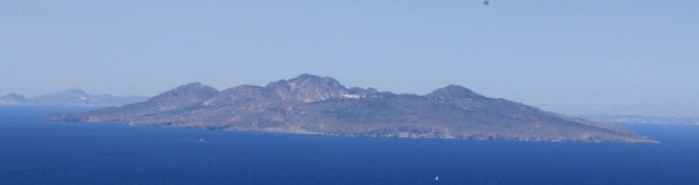 Zooming in on Nisyros, the caldera-rim village of Nikia clearly visible