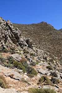 Rough path leads towards a short section on top of stone terracing below crags