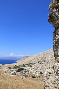 Part way down the crag looking towards the col