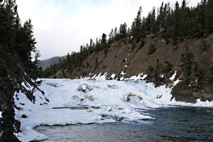 Looking back at Bow Falls after descending the 'closed' trail over the crag