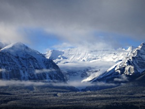 At Lake Louise thin bands of cloud across the valley