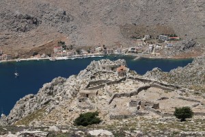 Looking down on Gria, hidden from Pedi behind the limestone crags