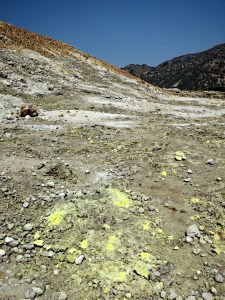 Fumaroles breathe out sulphur gas at many points even outside the craters
