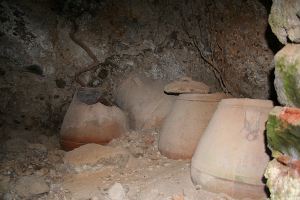 Terracotta storage jars in the cave underneath the Armas monastery complex