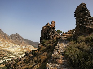 Pillars of volcanic conglomerate or ‘Breccia’ guarding the kalderimi