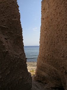The narrow cleft in the pumice cliffs